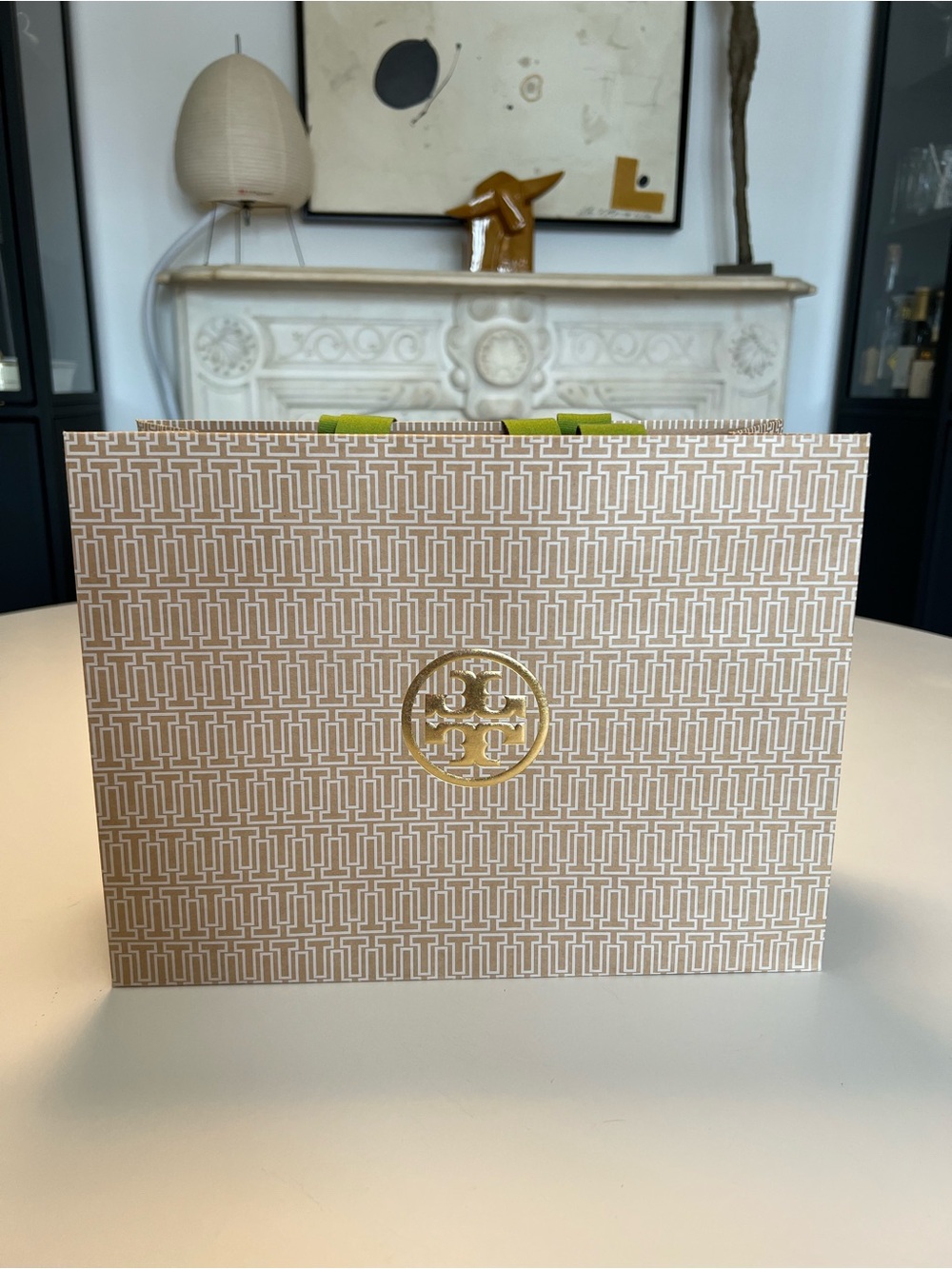 Empty Tory Burch Beige Geometric Logo Shopping Bag with Lime Ribbon handles